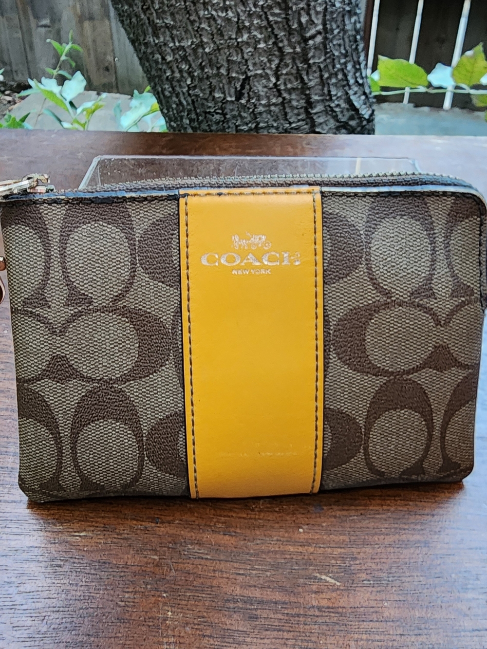 COACH Corner Zip Wristlet Signature Canvas Yellow Varsity Stripe Wallet Pouch